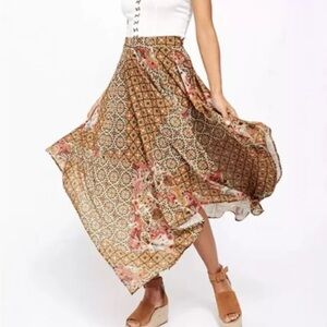 FREE PEOPLE Stay Awhile Mosaic Patchwork Print Handkerchief Hem Midi Skirt S